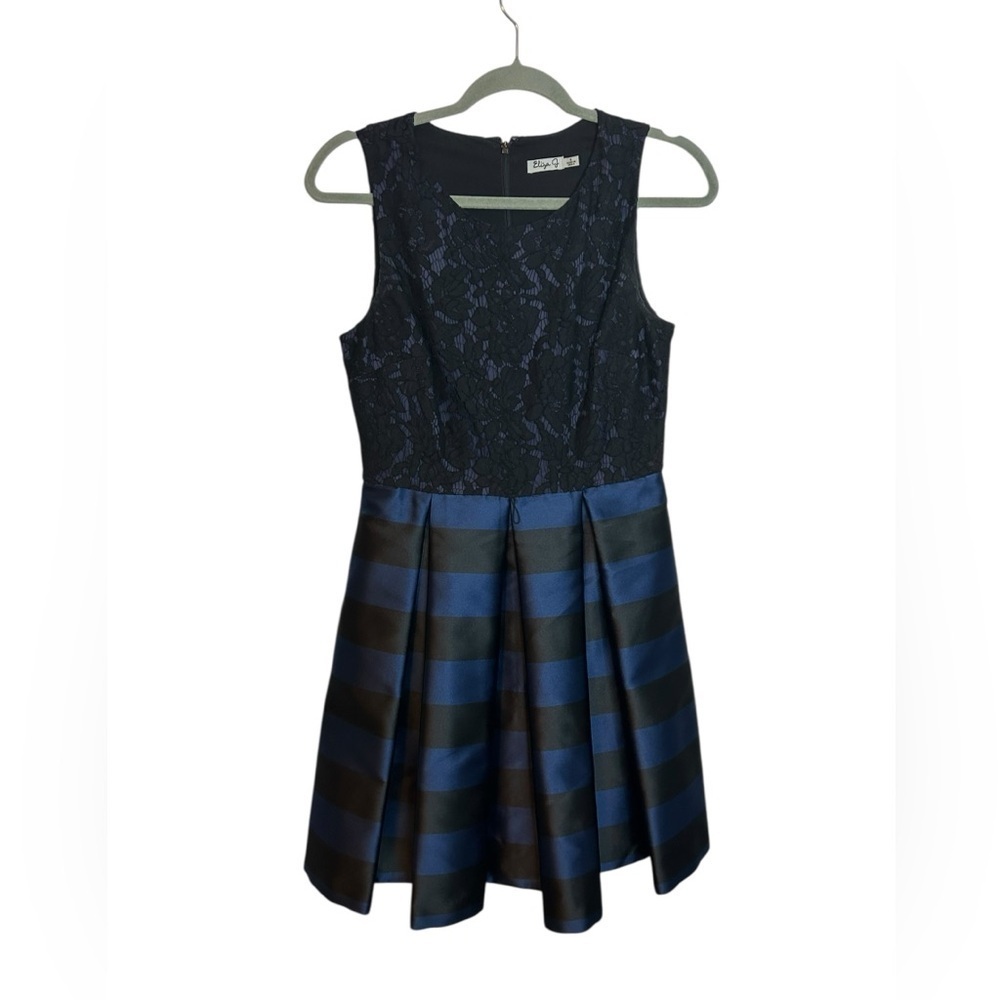 Eliza J Black & Blue Striped Floral Lace Formal Dress